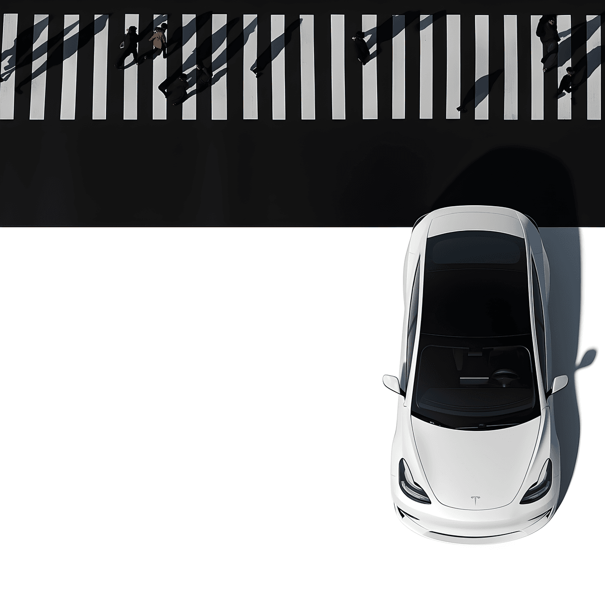 A high-resolution, top-down aerial image showing an urban street scene with pedestrians crossing a zebra crossing and a white Tesla Model Y parked on a light-colored paved area below, representing Arrivy's commitment to connecting people with reliable transportation.