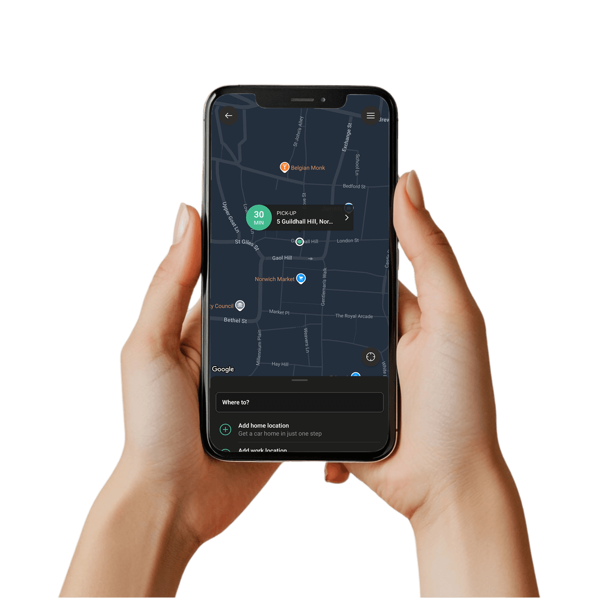 Hand holding smartphone displaying the Arrivy app interface with ride booking screen